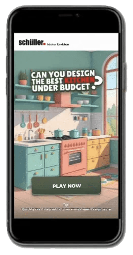 Phone showing a branded kitchen design game with a play now button, the action step of an ecommerce compulsion loop